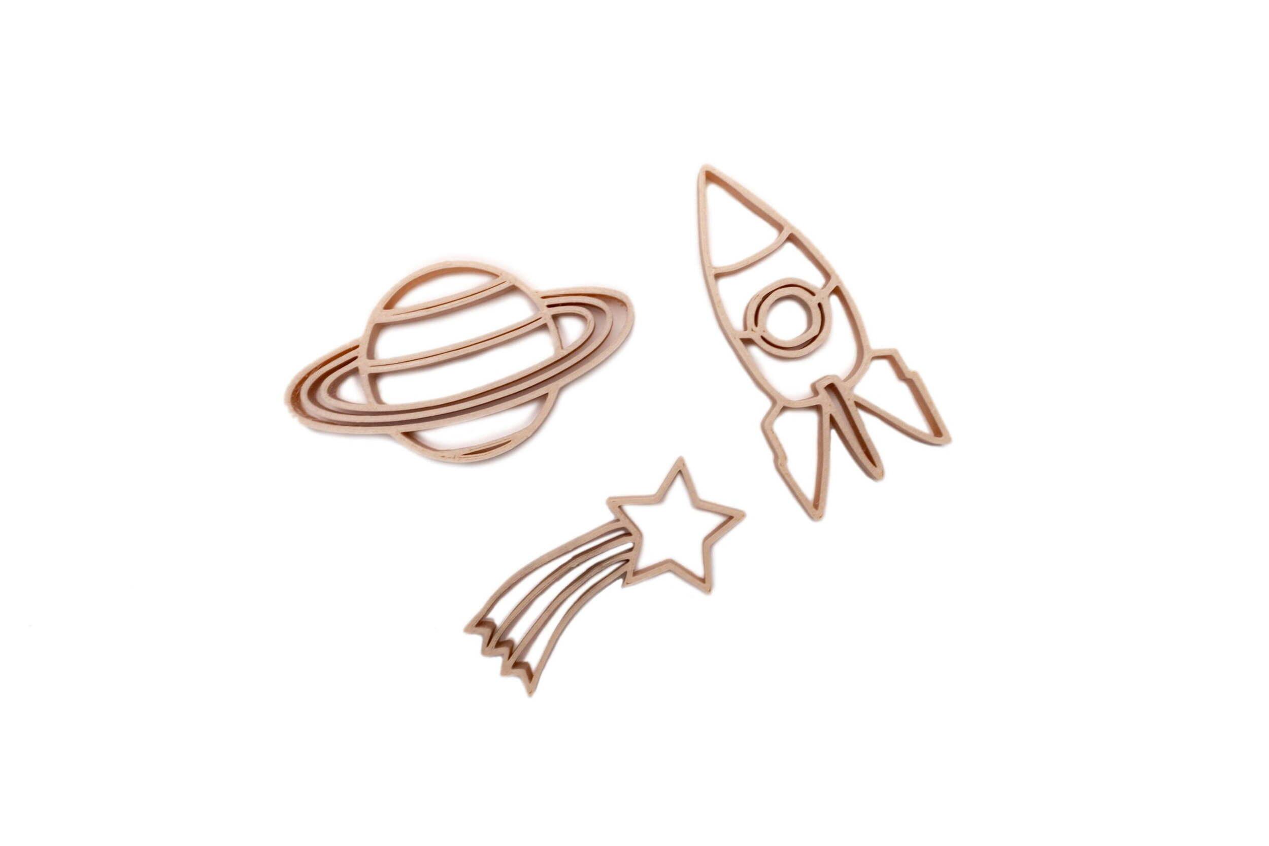 Uitstekers Galaxy 3 houten uitstekers raket, vallende ster en planeet